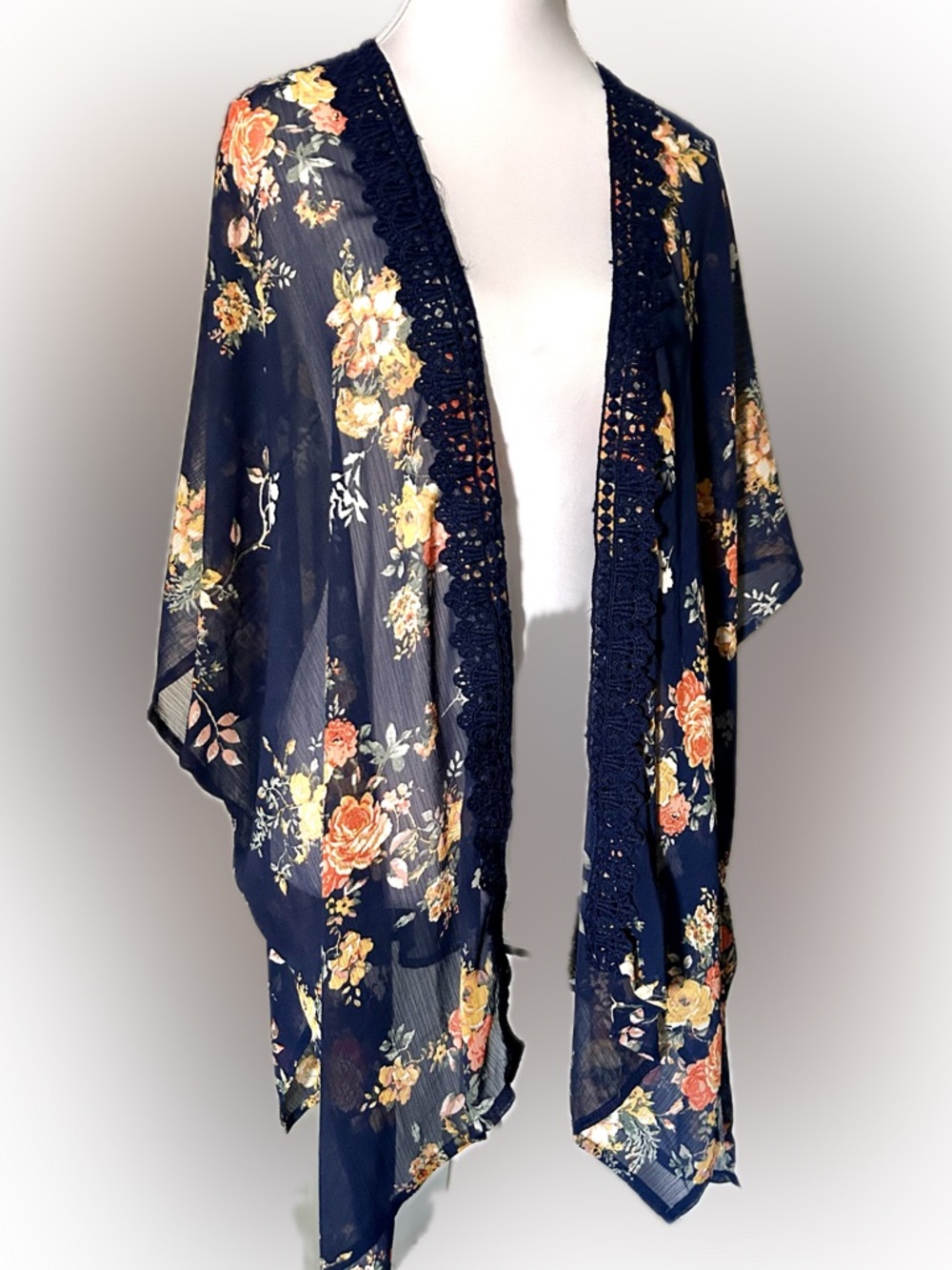 Jolt Navy Floral Crochet-Trim Kimono Shawl or Bathing Suit Coverup One Size